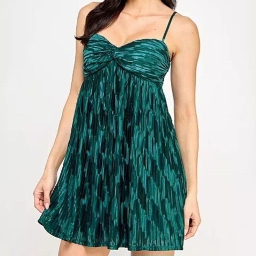 Seni & Cade Pleated Mesh A Line Flared Sweetheart Emerald Green Dress Juniors XS